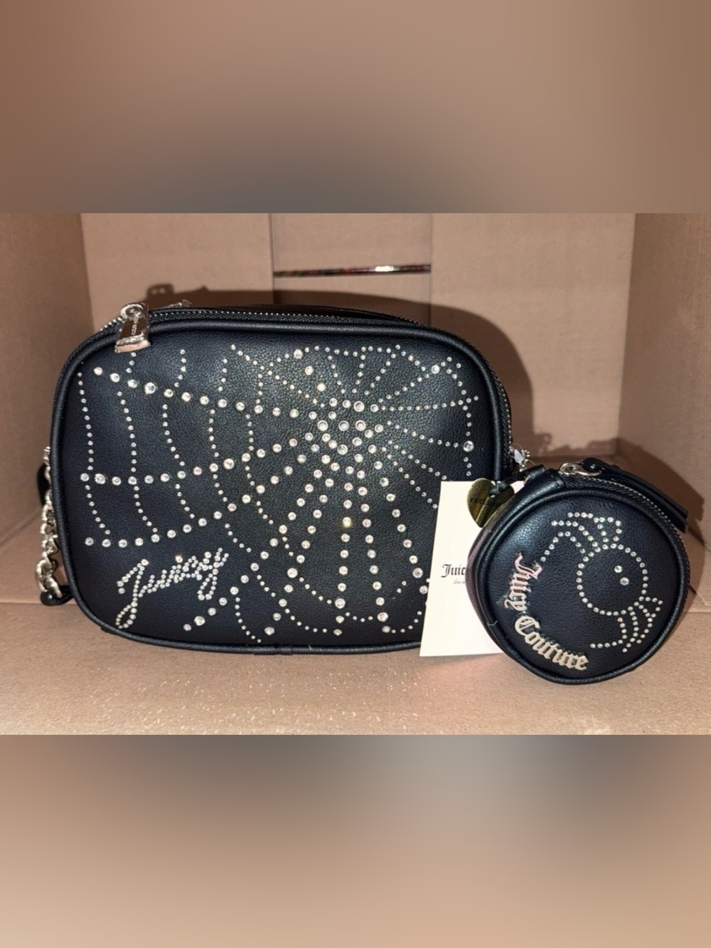 Juicy Couture Black spider web Studded Crossbody with Coin Pouch Halloween